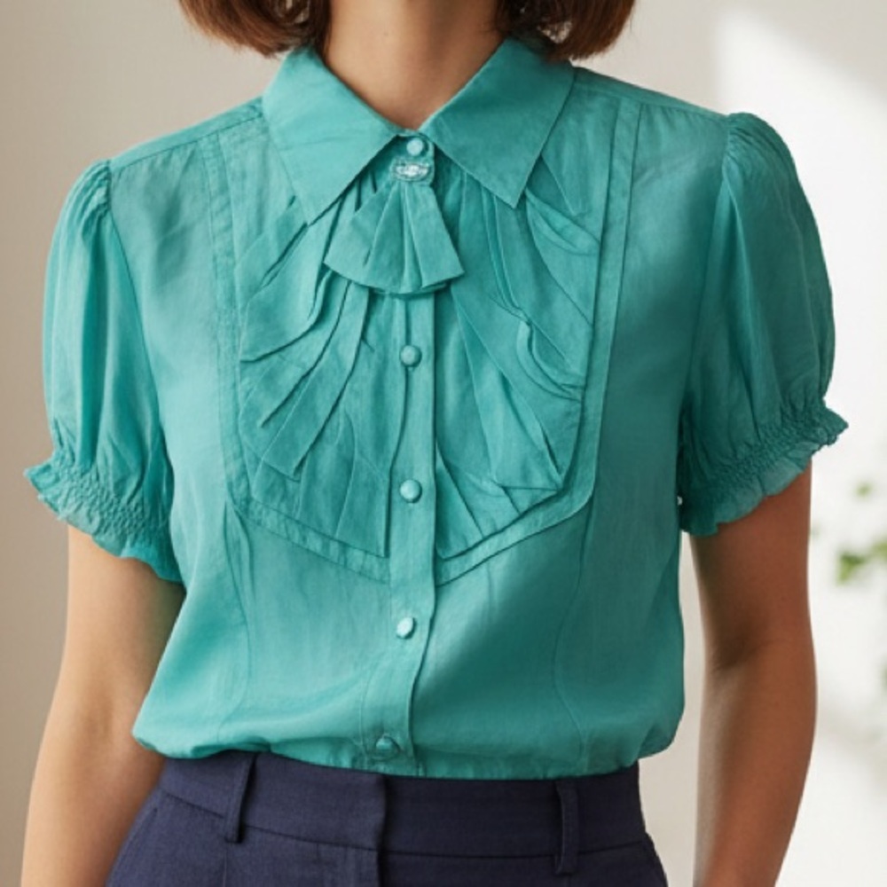 NWT S Line Teal Silk Blend Ruffle Smocked Cuff Jabot Romantic Blouse Size Large